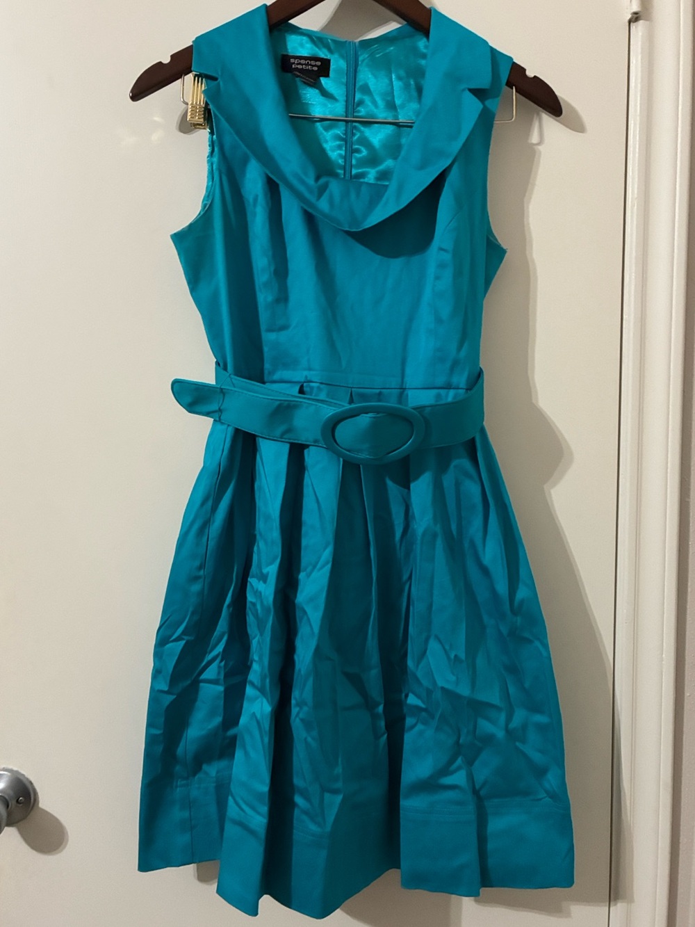 Spense Petite Teal Blue Portrait Collar Belted Fit & Flare Dress- Size 6P